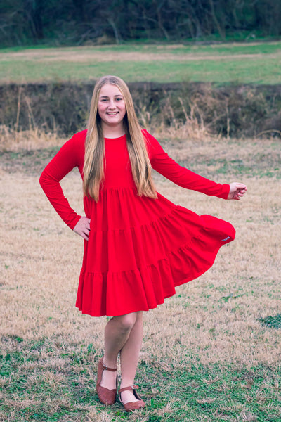 Red Long Sleeve Tiered Annie Dress