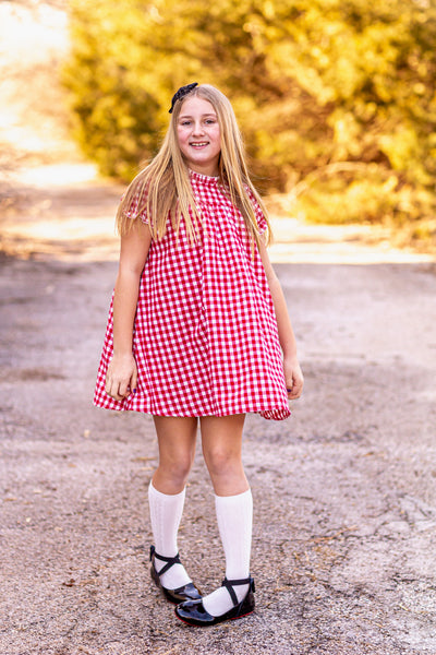 Red and White Gingham Plaid Vintage Style "Gwen" Dress with gathered neckline and sleeves, Aline body and three button back closure.