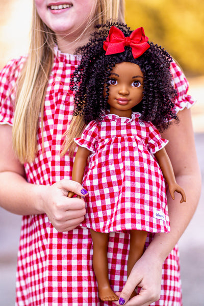 Red and White Gingham Plaid Vintage Style "Gwen" 18" Doll Dress with gathered neckline and sleeves, Aline body and three button back closure.